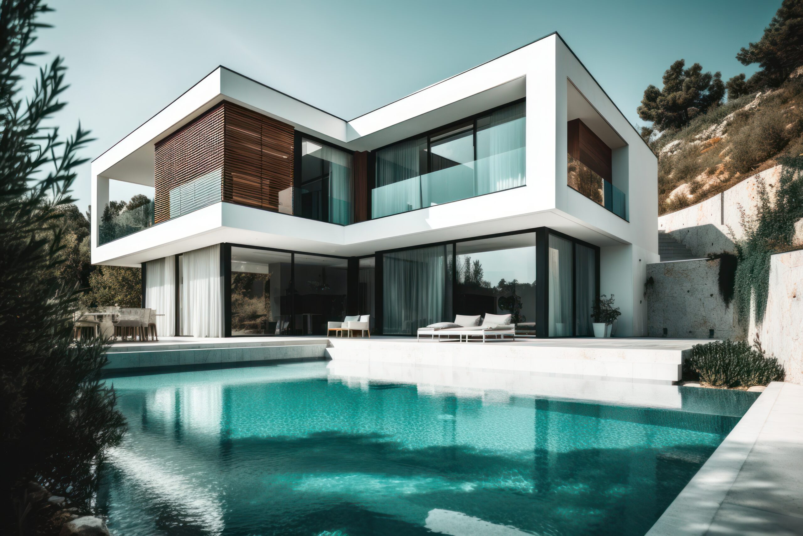 Design house – modern villa with open plan living and private bedroom wing. Large terrace with privacy and, swimming pool. Generative AI. Design house - modern villa with open plan living and private bedroom wing. Large terrace with privacy and, swimming pool. Generative AI